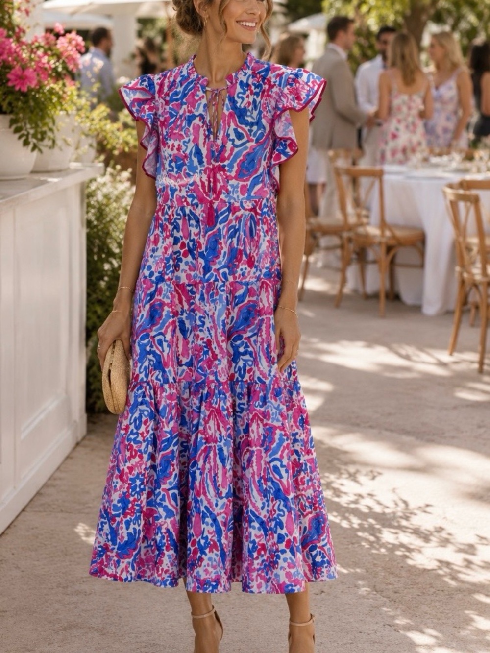 Bright Pink & Blue Floral Ruffle Sleeve Madi Dress
